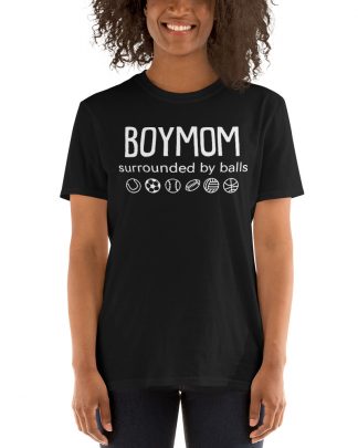 boymom surrounded by balls Gildan 64000 Unisex Softstyle T-Shirt with Tear Away Label