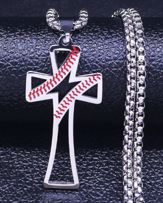 Sports Baseball Cross Stainless Steel Statement Necklace Silver Color Pendant Necklace Jewelry collares mujer