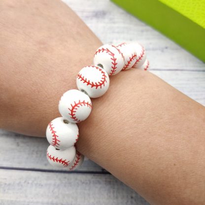 Wood Beaded Baseball Bracelets Bangles for Women Stretchy Wooden Beads Sport Bracelets Mom Gifts