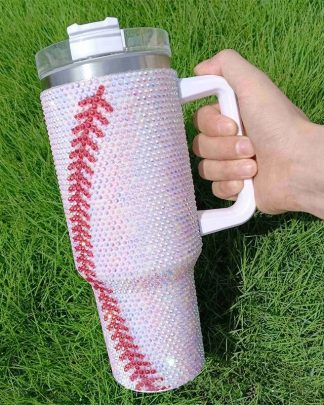 baseball mug pattern decorated mug new luxury flat bottom coffee cup with handle and lid straw stainless steel thermos cup
